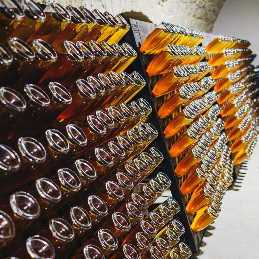 bottles of natural wine left to ferment in the cellar