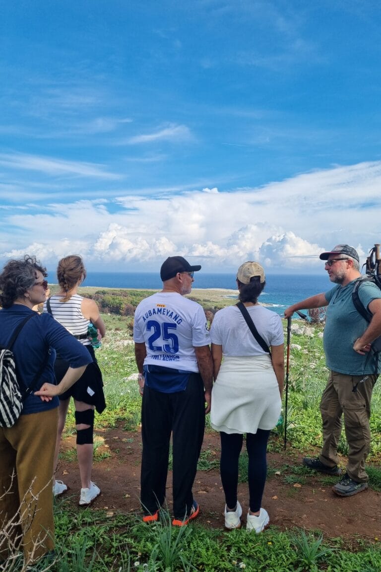 Partecipanti in escursione che ascoltano la guida davanti a un panorama costiero