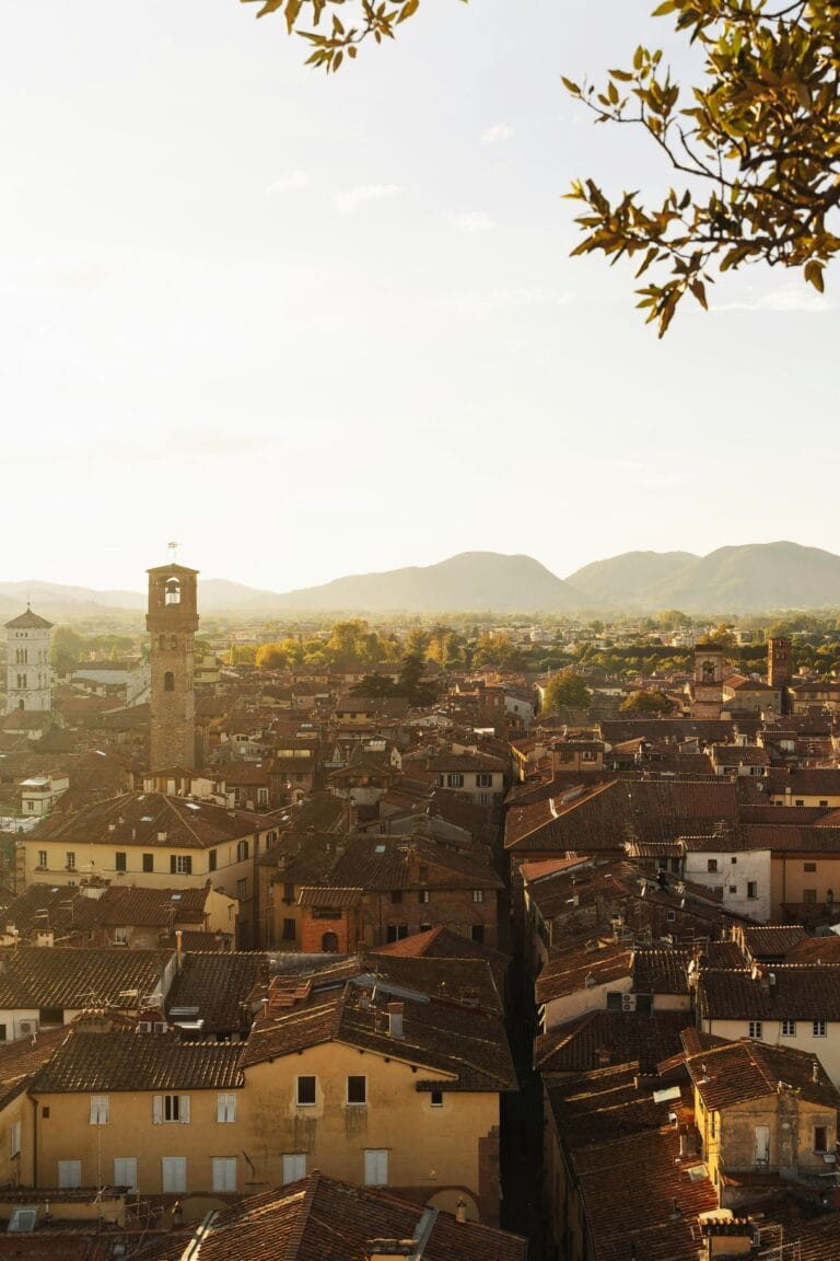 Panoramic view over Lucca historic centre at sunset