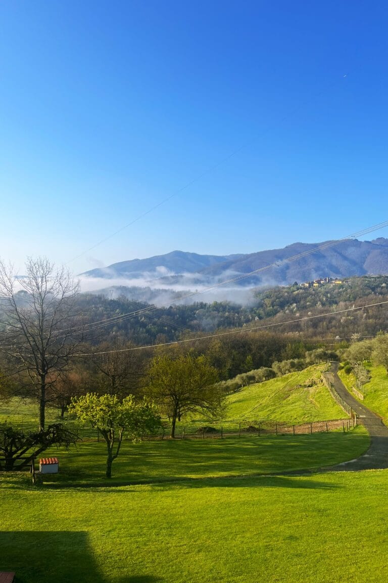 Tuscan countryside landscape with rolling hills and rural paths