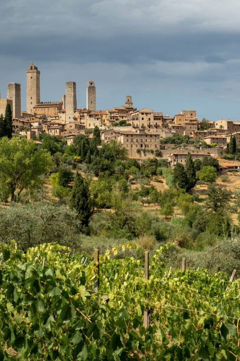 Panoramic view of San Gimignano with medieval towers and Tuscan hills