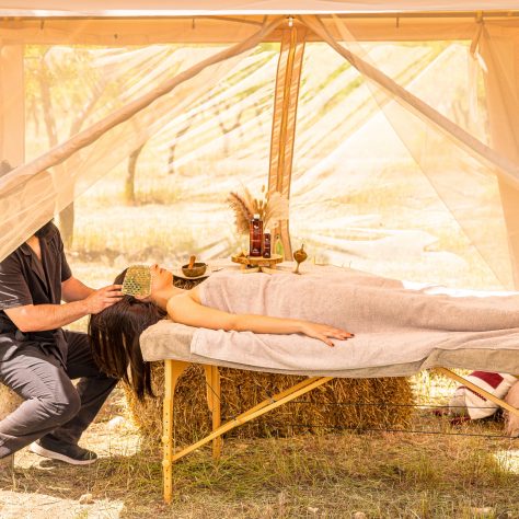 woman lets herself be massaged in nature, an unforgettable experience that soothes mind and body