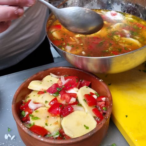 potato, rice and mussels terrine being prepared during the cooking experience with the chef