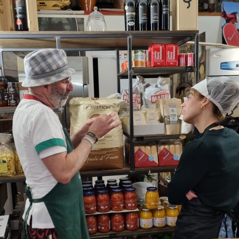 the pizza chef explains the quality ingredients he uses in the preparation of his gourmet pizzas